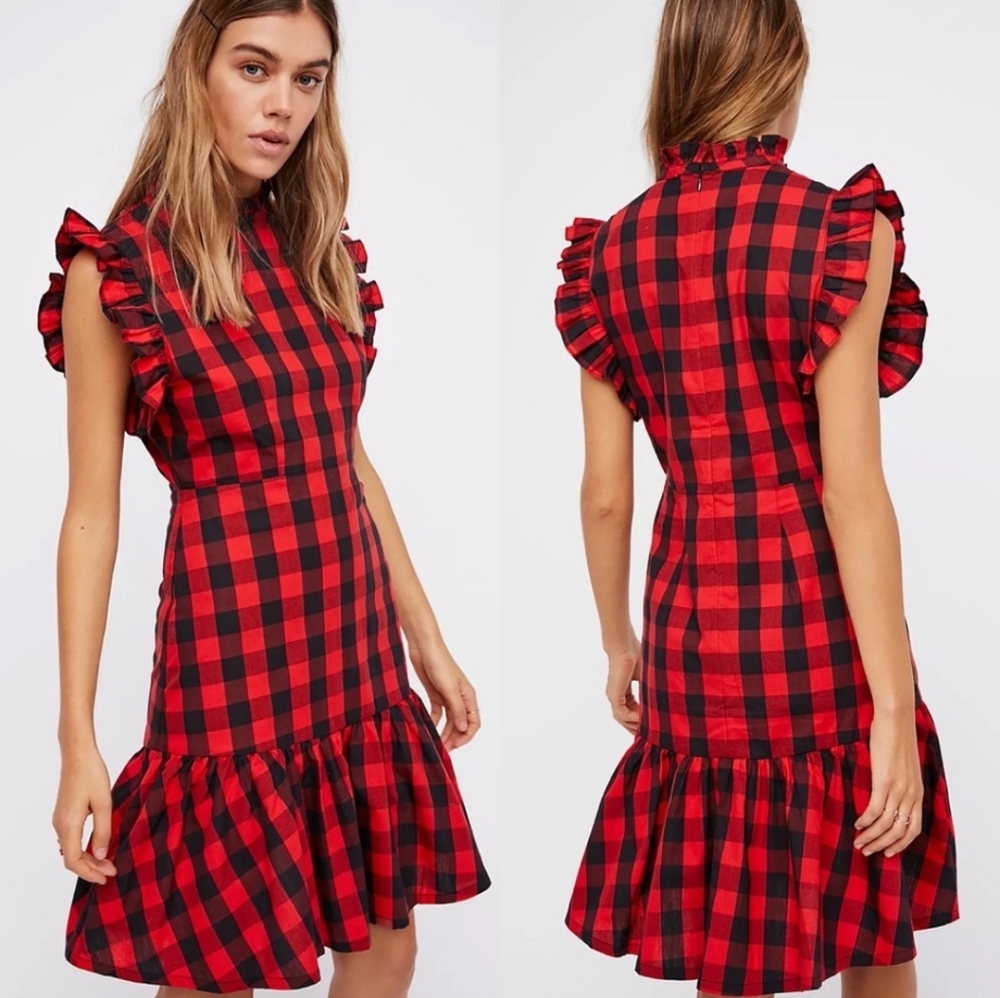 Vetiver Free People Buffalo Plaid Drop Waist Dress Women's 6 Poppy